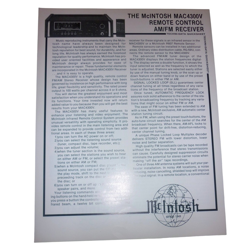 McIntosh MAC4300V Receiver Techni-Data Quicksheet Technical Manual Specs